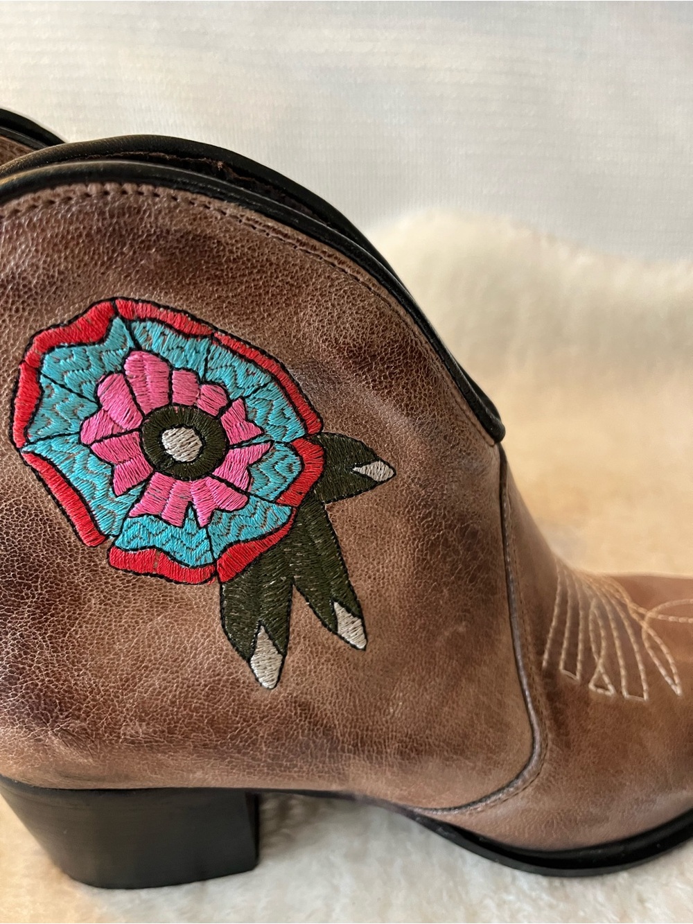 Divine Follie Italy Brown Embroidered Western Ankle Leather Booties - Picture 5 of 16